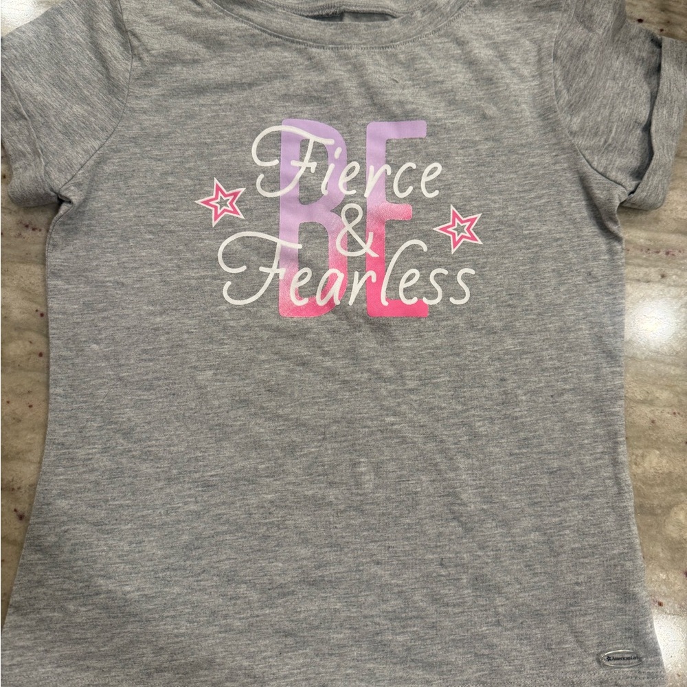 American Girl Gray Tee with Pink & Purple 'Fierce & Fearless' Graphic Size 7/8